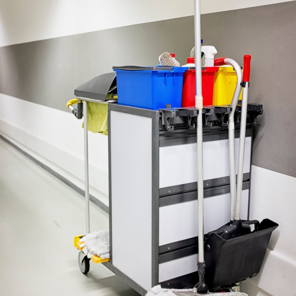 cleaning trolley (service cart) in front of wall